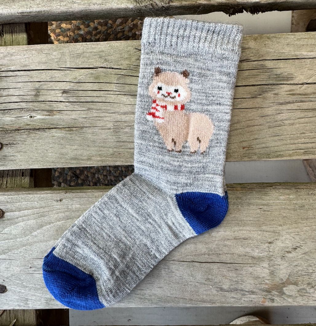 Kids Alpaca Socks, Color: Blue/Gray, Design: Alpaquita Cutie, Size: 4-6