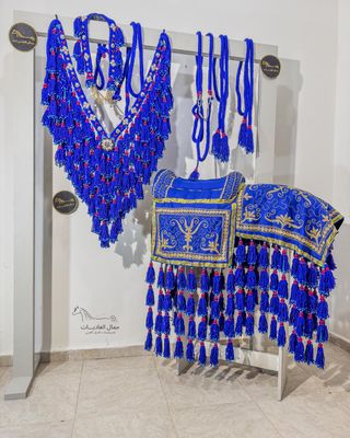 Handembroidered Arabian Shami Saddle — 4-Row Wool Tassel / Blue