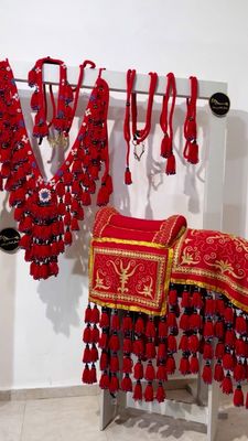 Handembroidered Arabian Shami Saddle — 4-Row Wool Tassel /Red With Gold