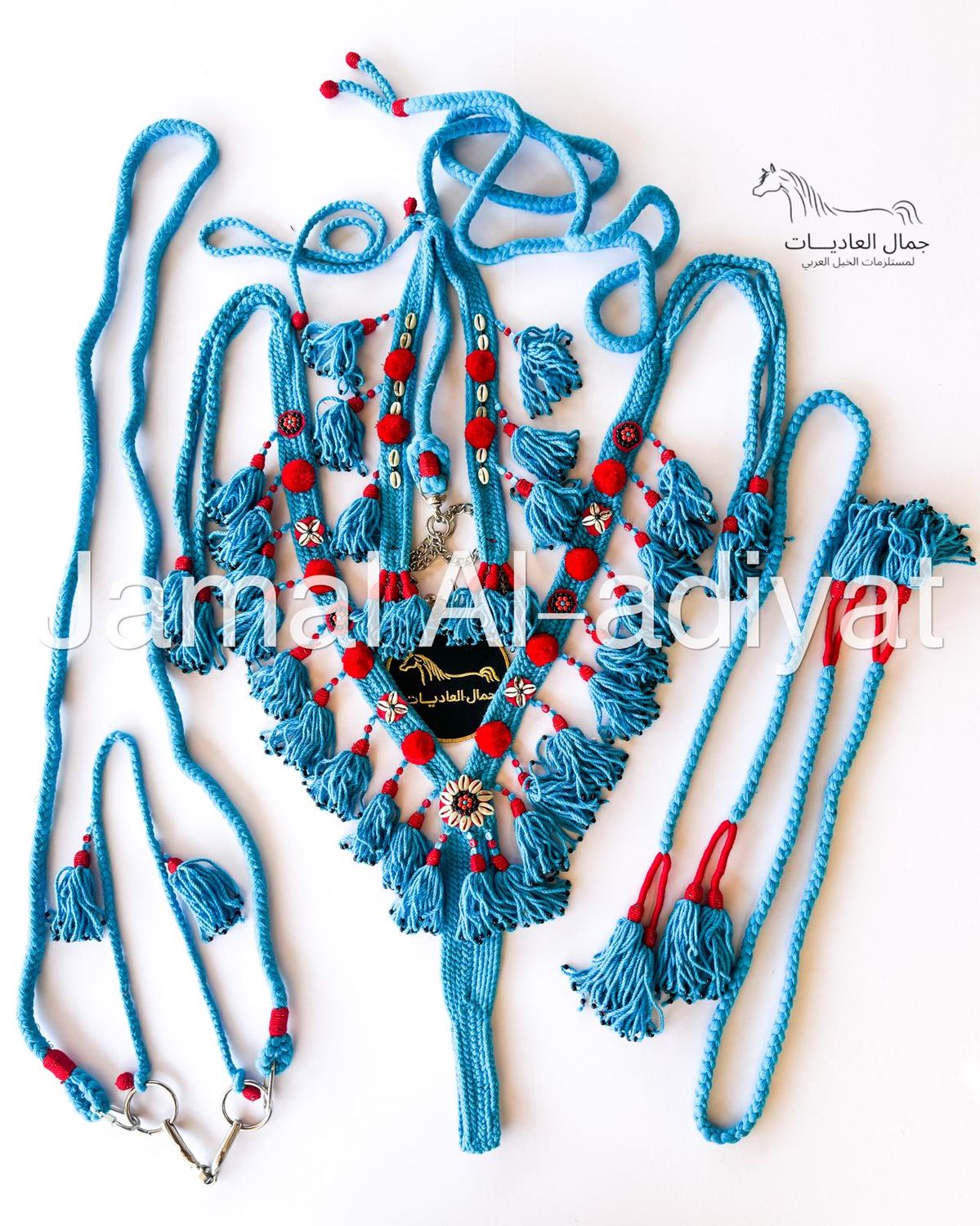 Handmade Wool Arabian Horse Decoration Set – 6 Pieces /Light Blue - Red