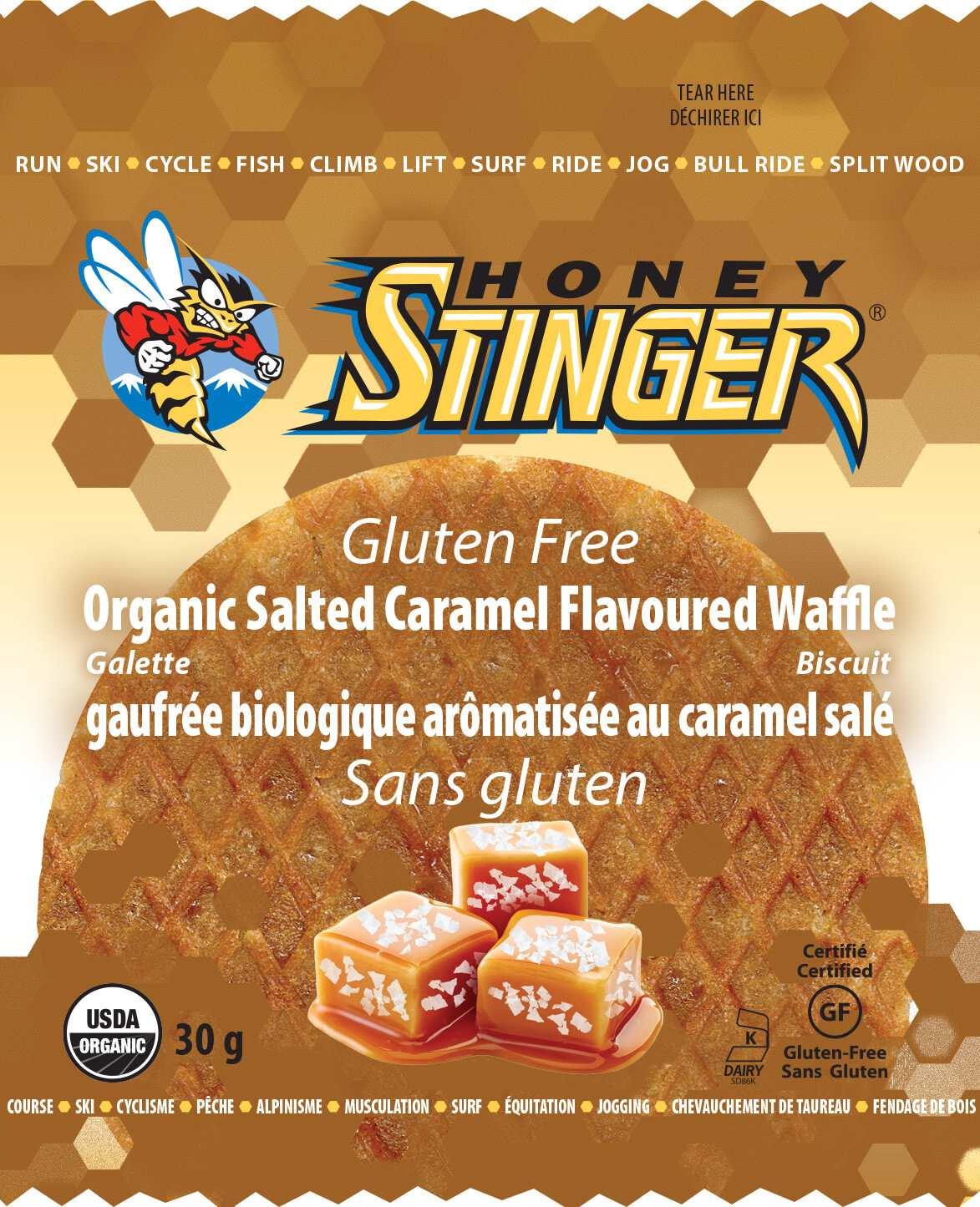 HONEY STINGER, GLUTEN FREE ORGANIC, WAFFLE, SALTED CARAMEL