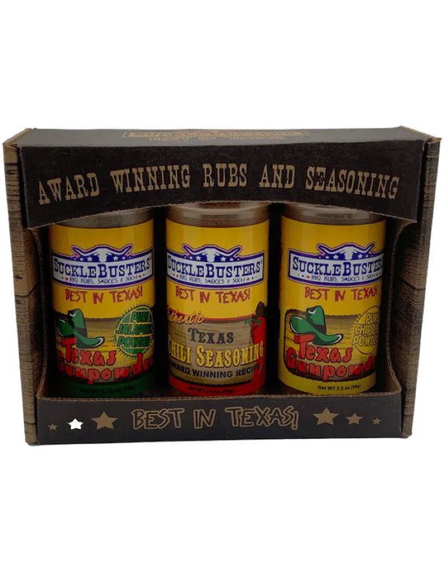 SUCKLEBUSTERS CHILI & TEXAS GUNPOWDER GIFT BOX (3 SMALL JARS)
