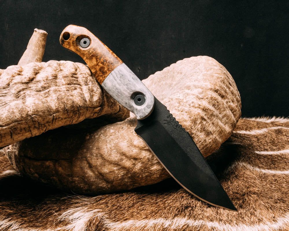 Feather Light- Dyed Giraffe bone, Amboyna Burl, Armor Black cerakote