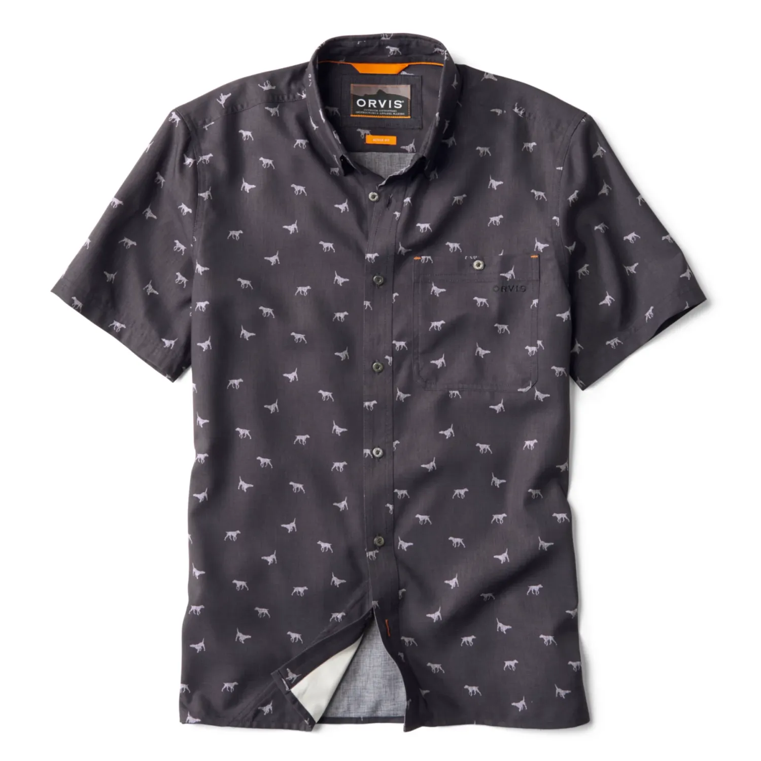 Orvis Printed Tech Chambray Short Sleeve, Color: Charcoal, Size: M