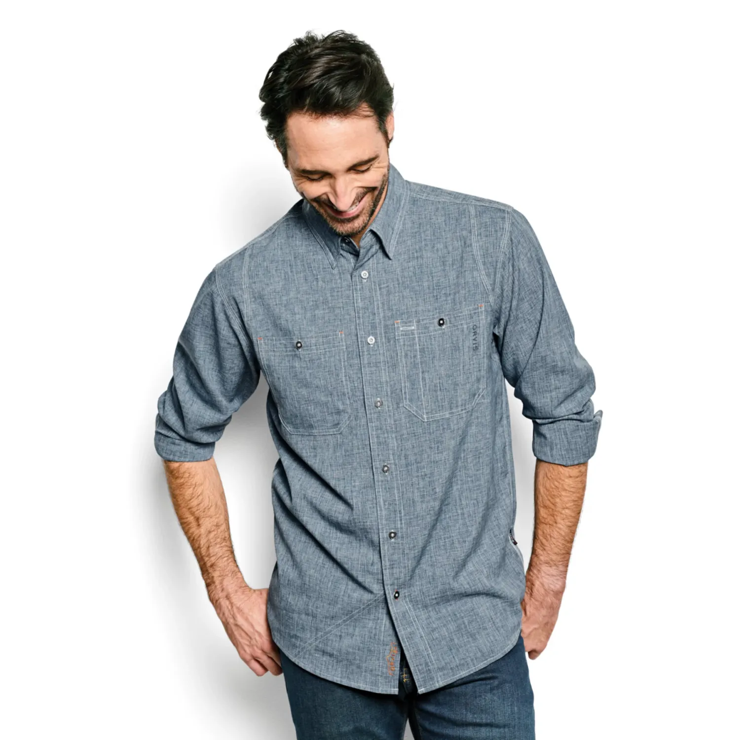 Orvis Tech Chambray Long Sleeve Work Shirt, Color: Blue Chambry, Size: S