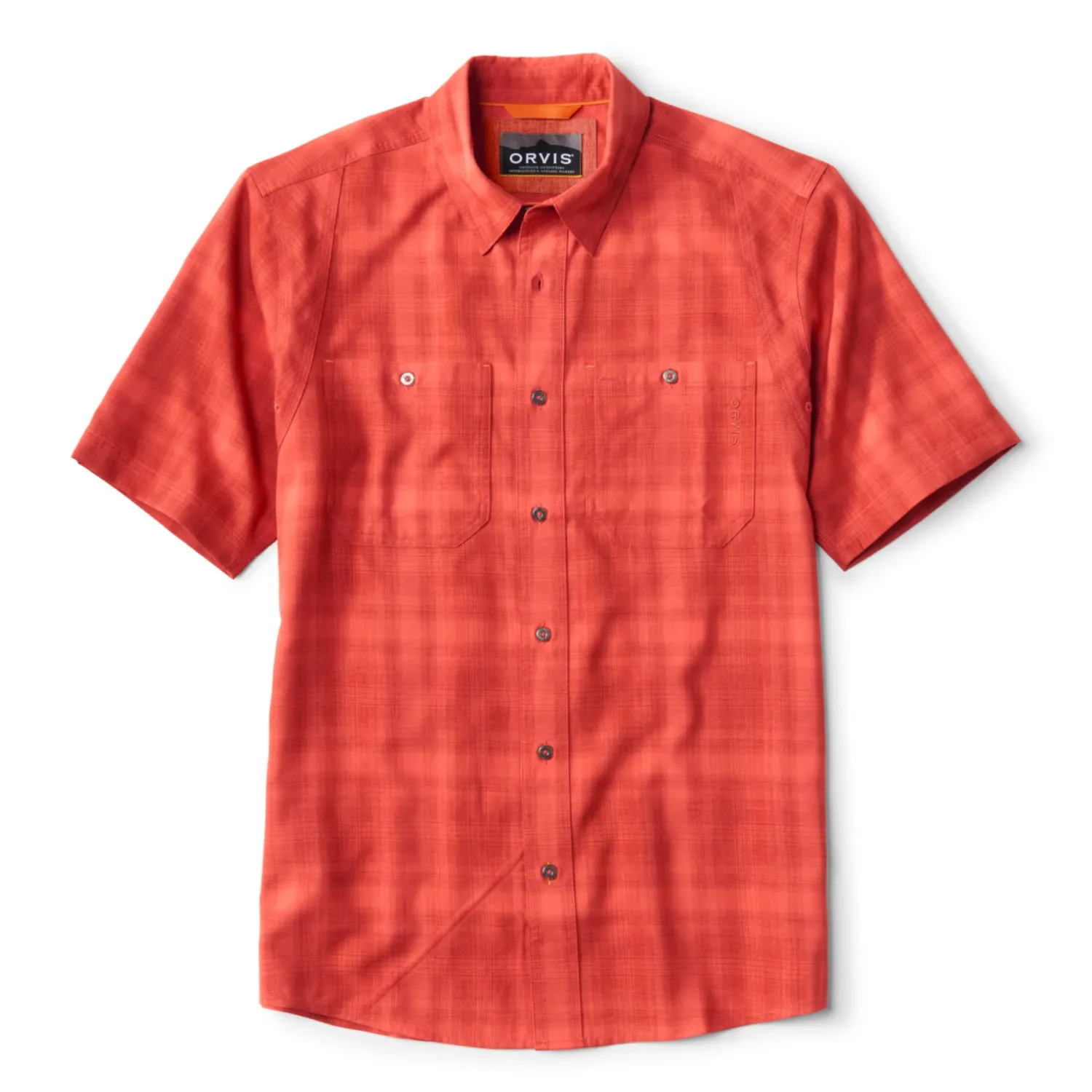 Orvis Short Sleeve Tech Chambray Plaid Workshirt, Color: Red Clay/Papaya, Size: M