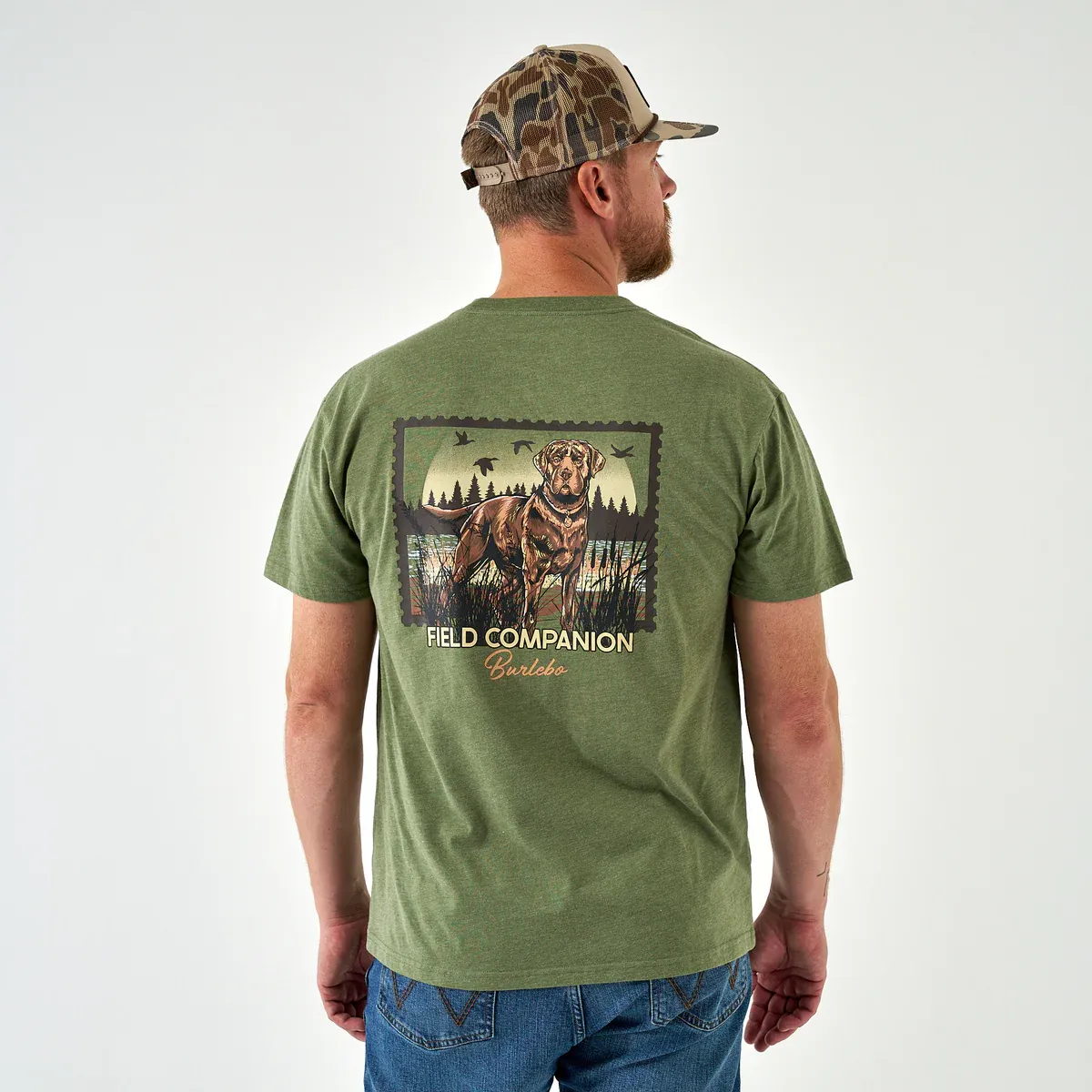 Burlebo Adult SS Tee- Duck Dog Stamp- Heather Olive