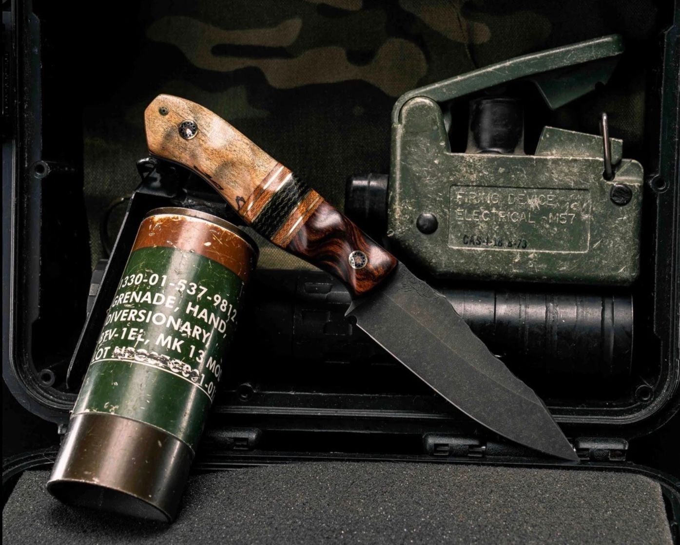 Half Face- Field Knife Jr- Desert Ironwood, Natural Canvas Micarta, Brass and Layered Black and OD Green Canvas Micarta Split, Spalted Maple, Mosaic Pins, Textured Grip