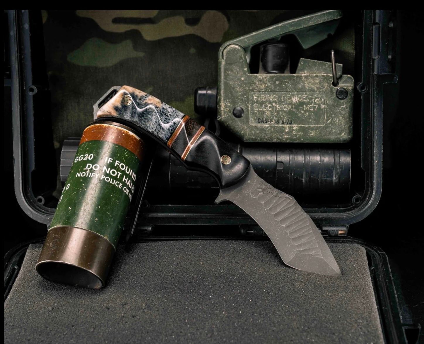 Half Face Buteo- African Blackwood, Black G10, Brass, Natural Canvas Micarta and Copper Pin Striping, Brown Canvas Micarta Split, Dyed Giraffe Bone, Mosaic Pins, Textured Grip