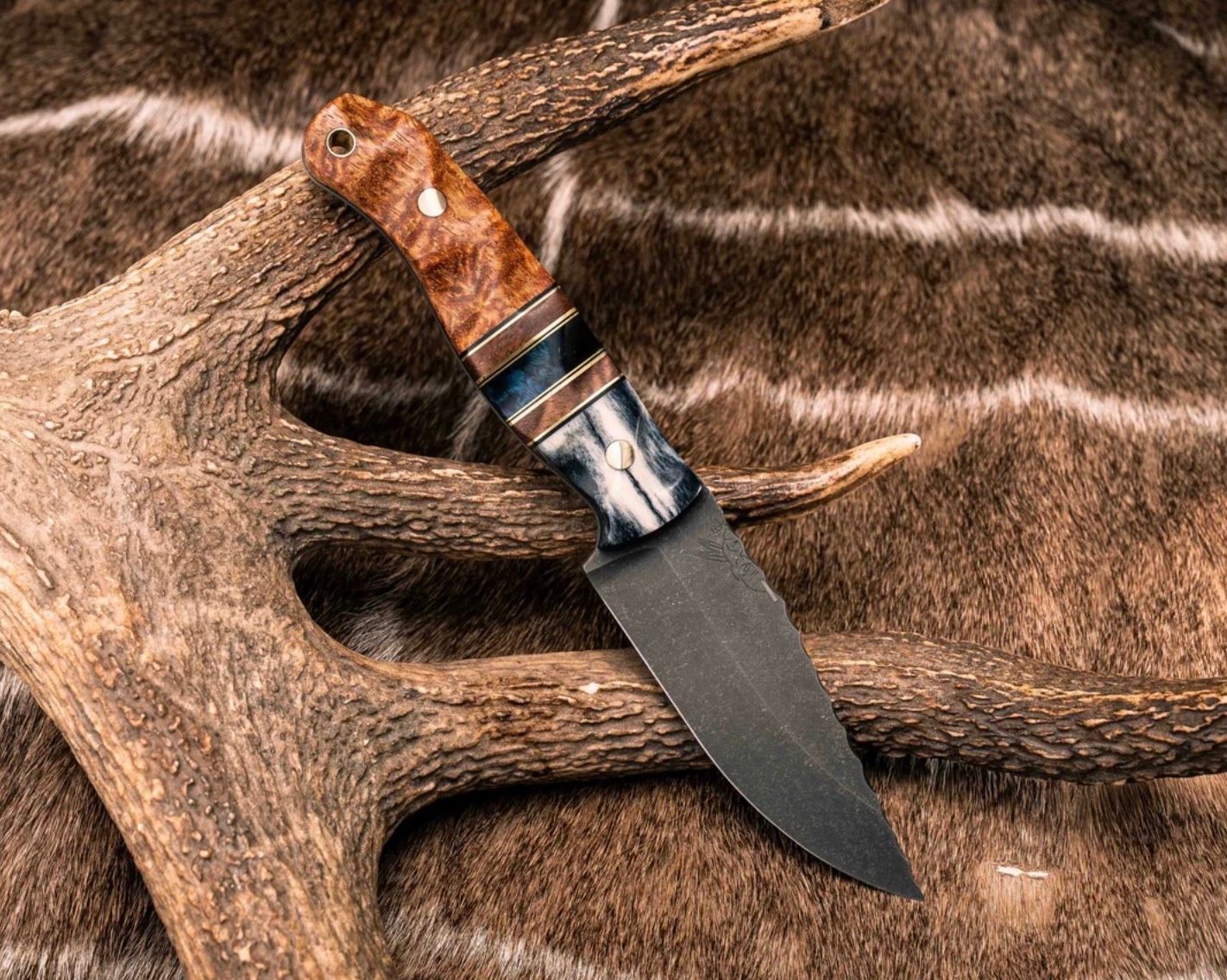 Half Face- Crow Jr- Giraffe Bone, Black G10 and Brass Pin Striping, Hawaiian Curly Koa and Dyed Maple Split, Afzelia Burl, Brass Pins, Brass Lanyard Pin, Textured Grip