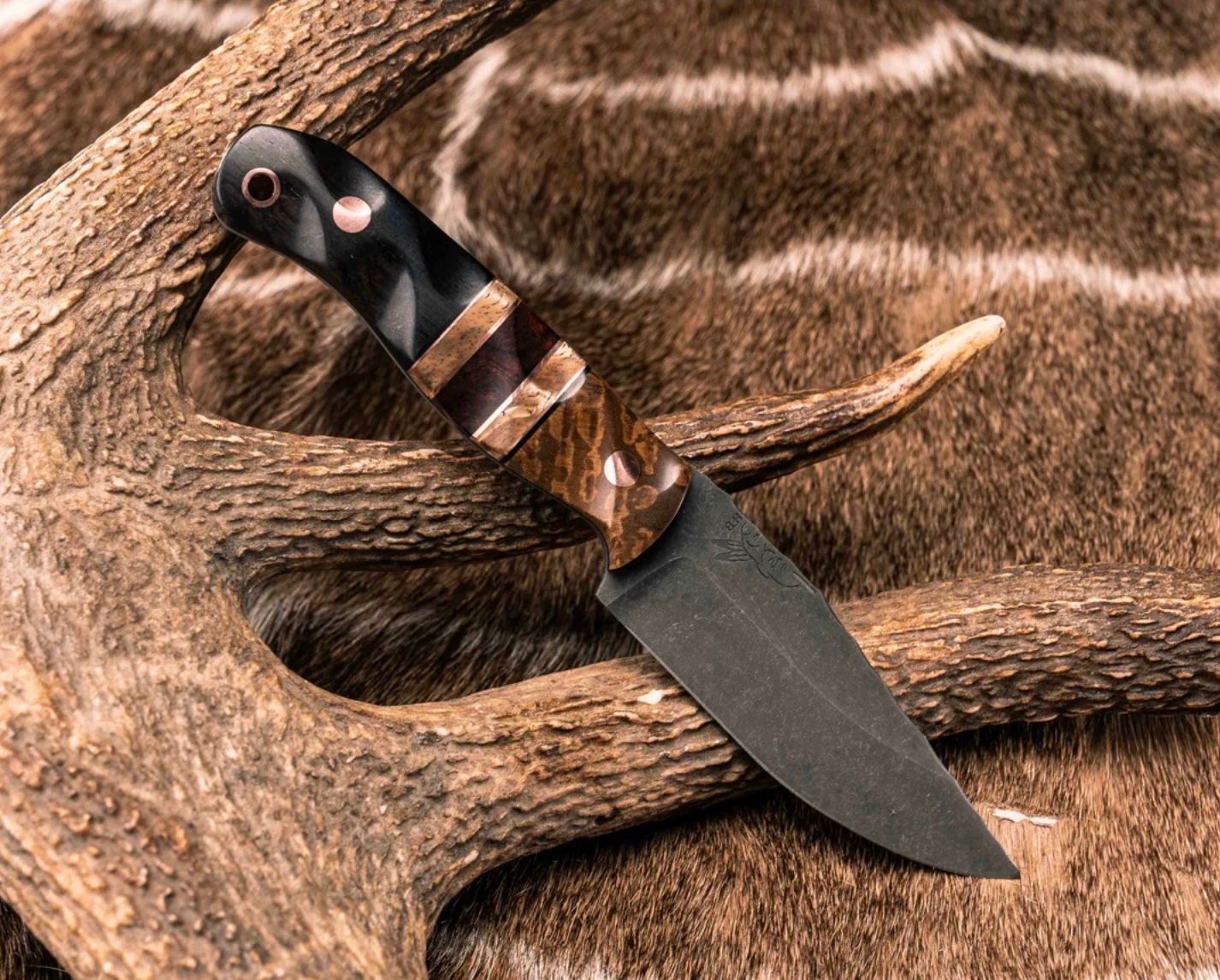 Half Face- Feather Light- Kenitu, Black G10 and Copper Pin Striping, Hawaiian Curly Koa and Desert Ironwood Split, African Blackwood, Copper Pins, Copper Lanyard Pin, Textured Grip