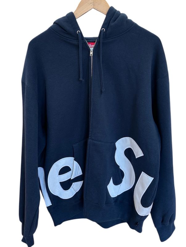 Supreme Big Logo Zip Up Hooded Sweatshirt Navy Size Large (Tried-On)