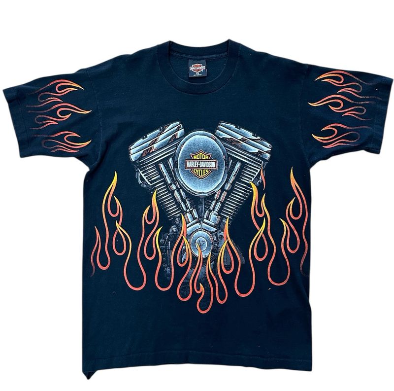 Vintage 1996 Harley Davidson Engine Flame Tee Size Large