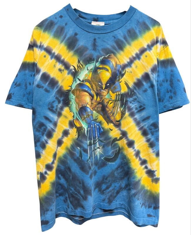 Vtg 1999 Universal Studios Blue Tie Dye Marvels Wolverine Tee 22x30