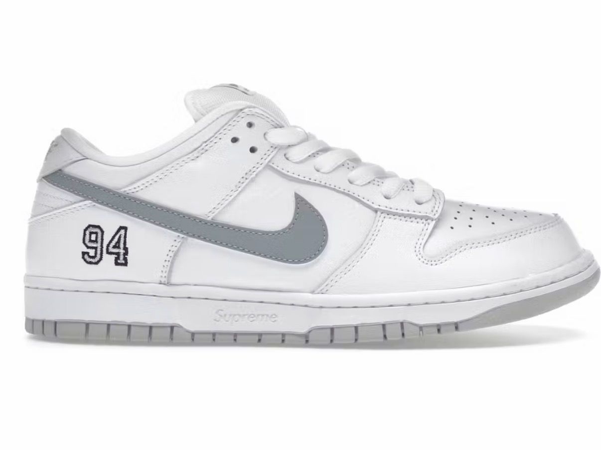 Nike SB Dunk Low Supreme 94 White Metallic Silver Size 8 (NEW)