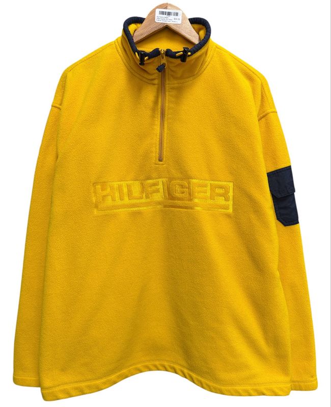 Vtg Tommy Hilfiger Yellow quarter Zip Fleece Pullover Sweater Size L 24x30