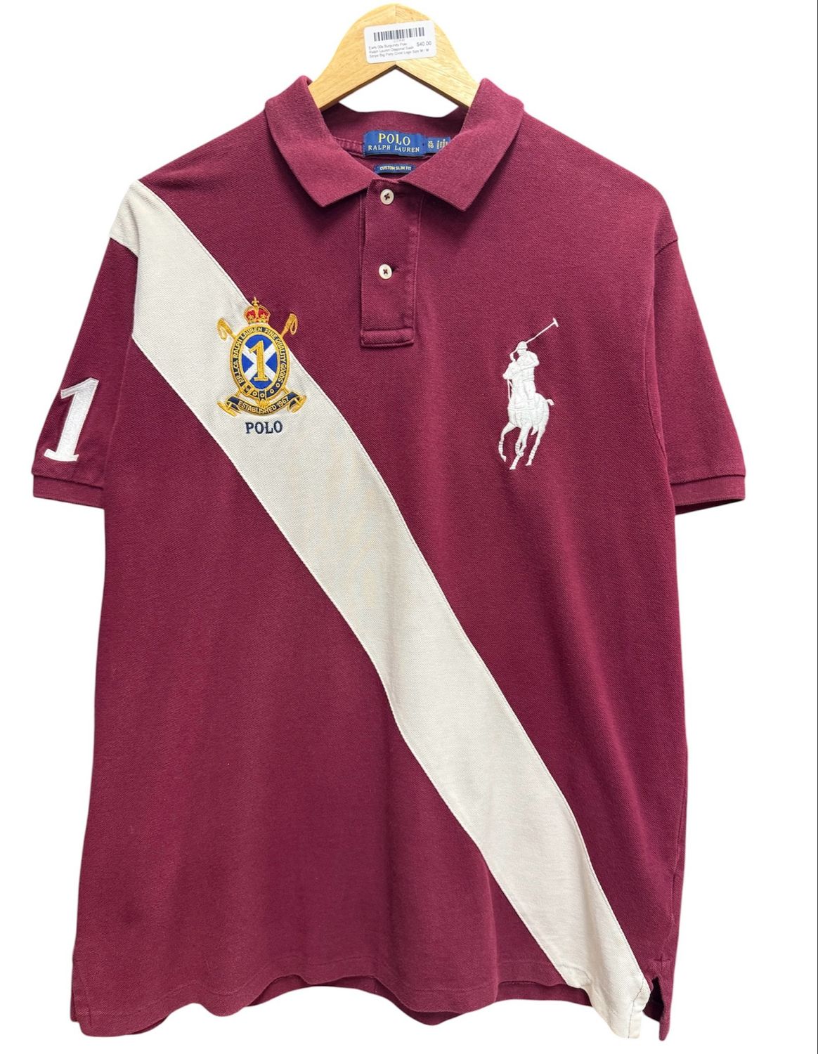 Early 00s Burgundy Polo Ralph Lauren Diagonal Sash Stripe Big Pony Crest Logo Size M
