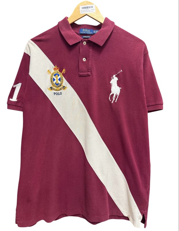 Early 00s Burgundy Polo Ralph Lauren Diagonal Sash Stripe Big Pony Crest Logo Size M