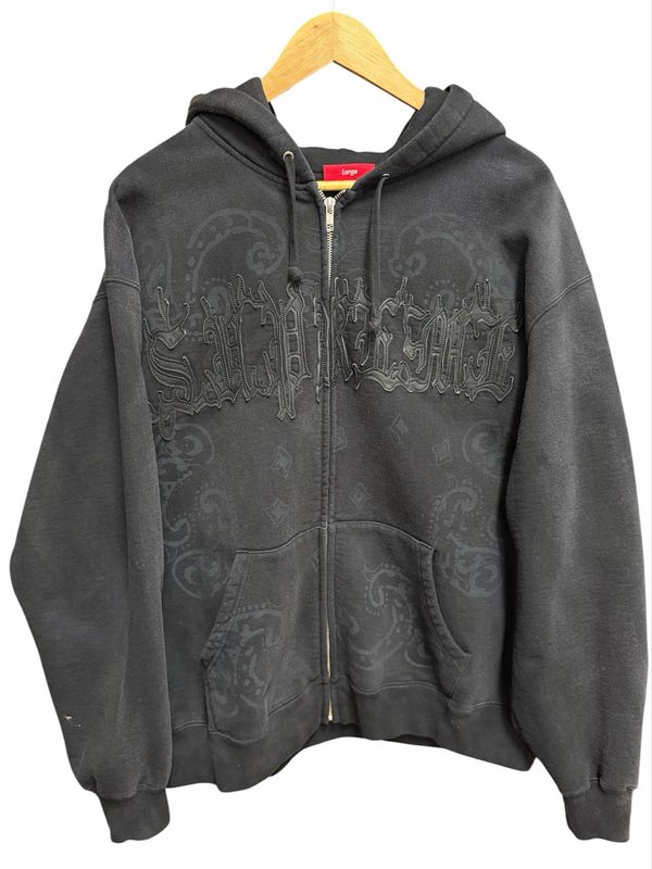 Supreme Leather Applique Zip Up Hooded Sweatshirt Black Size L (WORN)