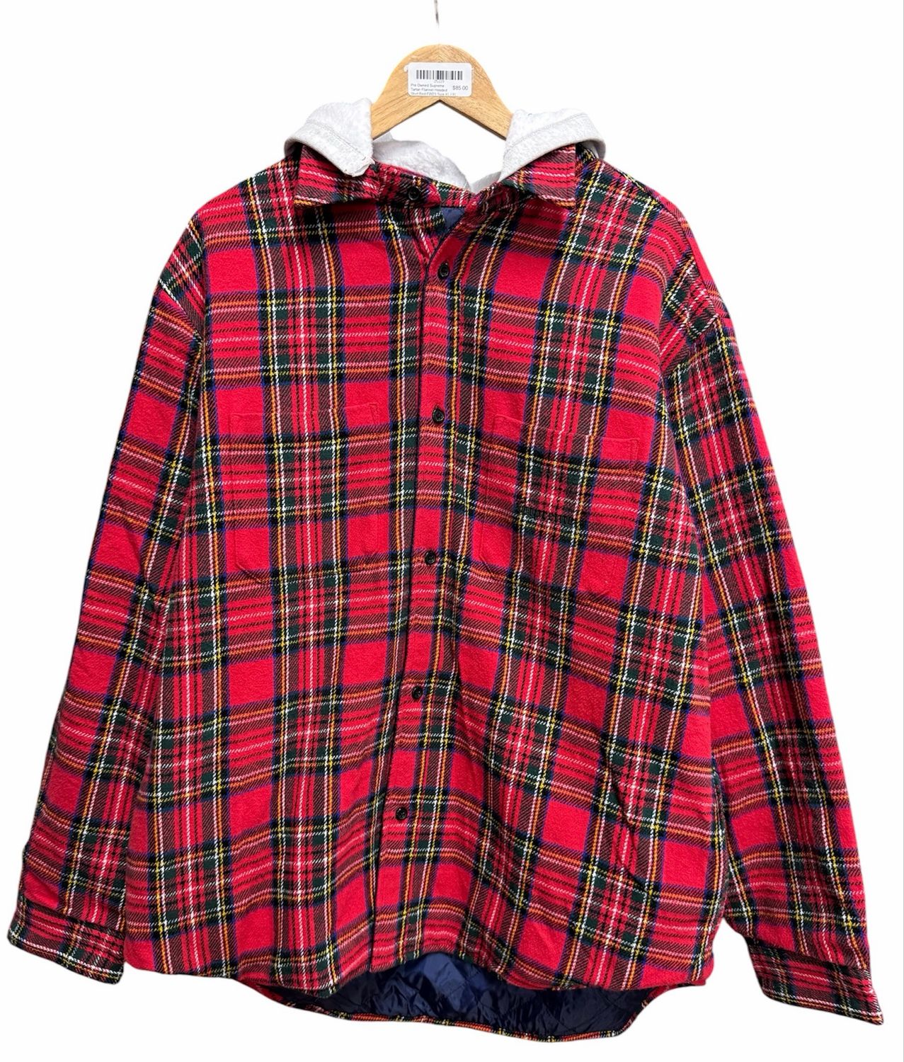 Pre Owned Supreme Tartan Flannel Hooded Shirt Red FW23 Size XL