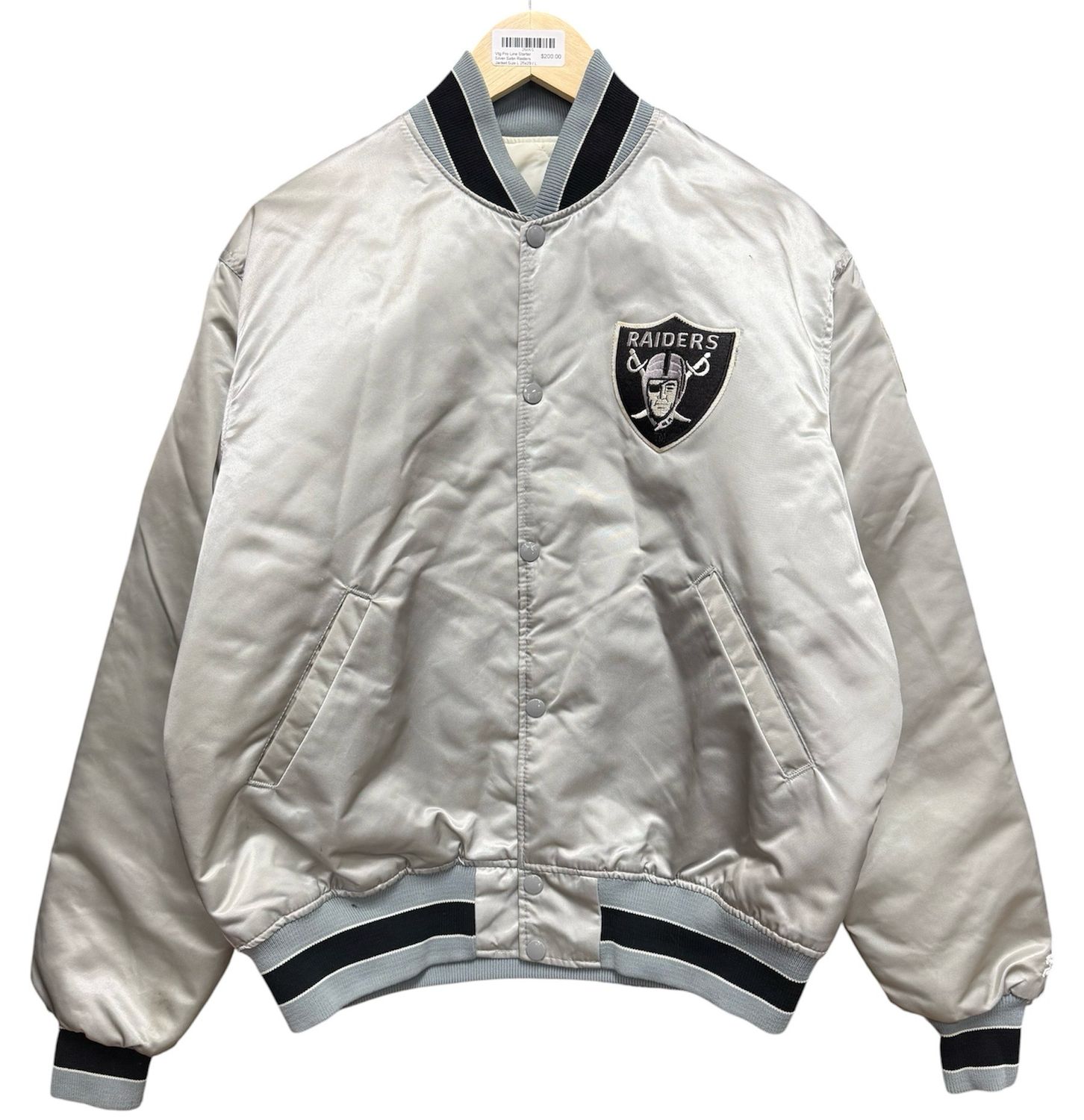 Vtg Pro Line Starter Silver Satin Raiders Jacket Size L 25x29