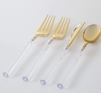 Neo Classic Clear &amp; Gold Plastic Cutlery Set (32 pieces)
