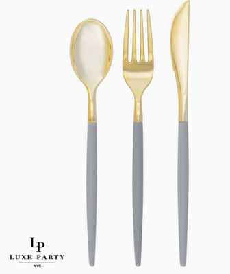 Grey &amp; Gold Plastic Cutlery Set (32 pieces)