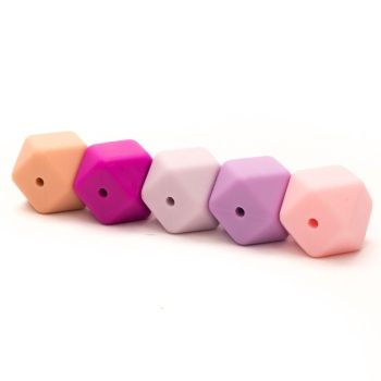 Siliconen Hexagon kraal 17mm 5 stuks, Kleur: Rose/Lila