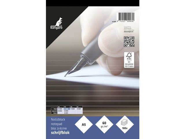 Schrijfblok Kangaro A5 lijn 60grs 100 blad