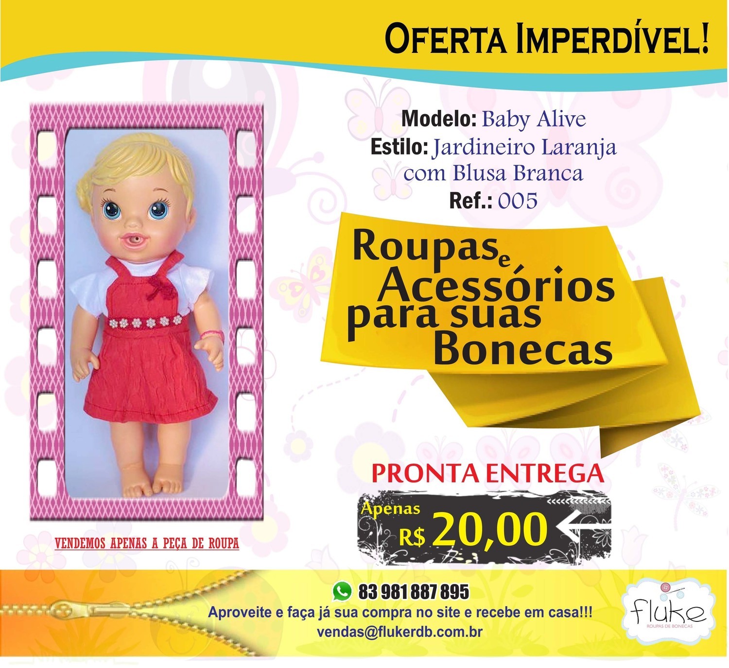 FLUKE - ROUPAS PARA BONECAS - BABY ALIVE - (JARDINEIRA LARANJA COM BLUSA BRANCA)