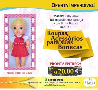 FLUKE - ROUPAS PARA BONECAS - BABY ALIVE - (JARDINEIRA LARANJA COM BLUSA BRANCA)