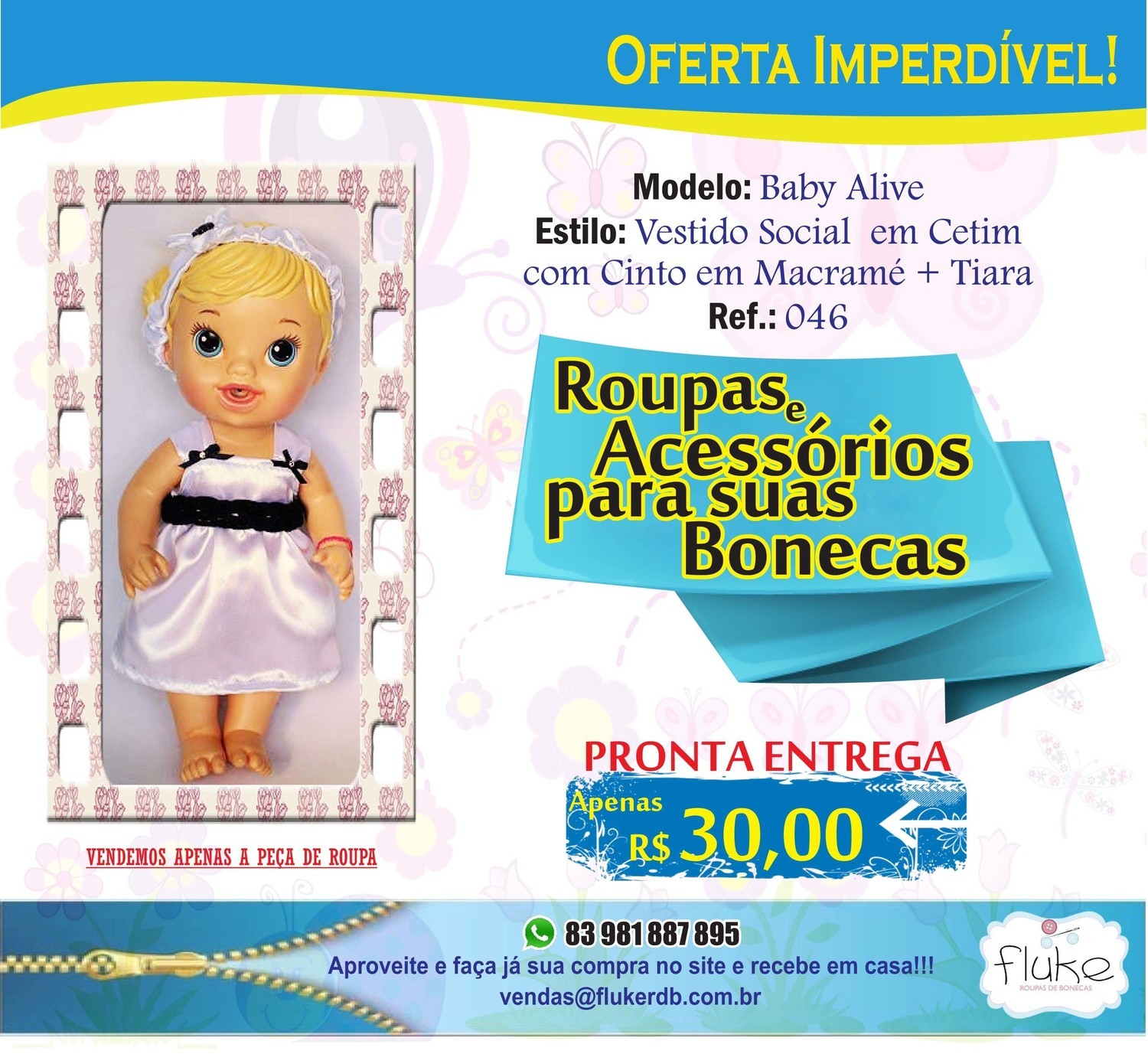 FLUKE - ROUPAS PARA BONECAS - BABY ALIVE - (VESTIDO SOCIAL EM CETIM)