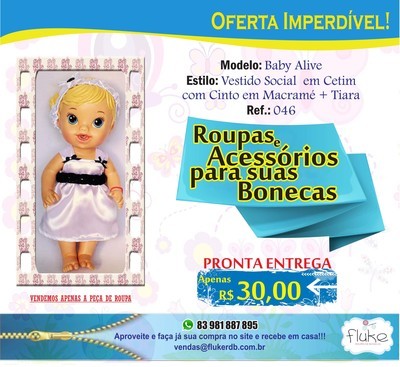 FLUKE - ROUPAS PARA BONECAS - BABY ALIVE - (VESTIDO SOCIAL EM CETIM)