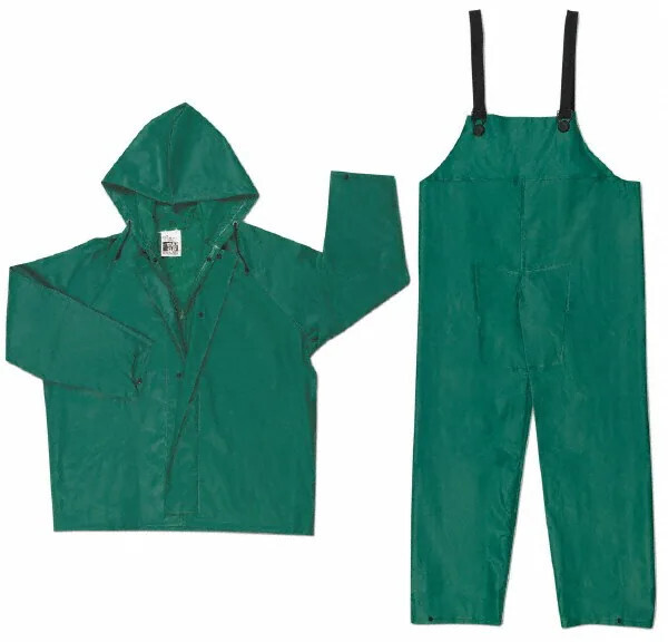 Dominator Series Rain Gear .42mm PVC / Polyester / PVC Rainwear 2 Piece Waterproof Green Rain Suit Jacket with Zipper Front and Bib Pants 3882X3