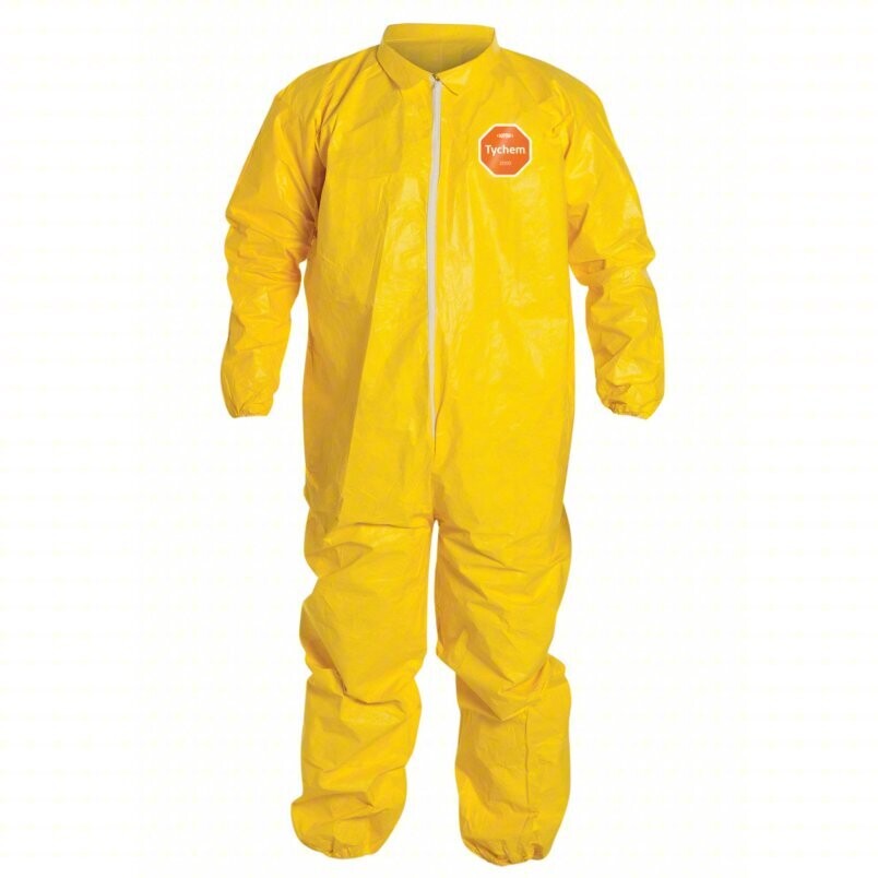 Tychem® 2000 Coverall, Serged Seams, Attached Hood, Elastic Wrists and Ankles, Zipper Front, Storm Flap, Yellow, Large  QC127S-L