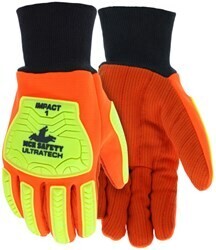 MCR Safety UltraTech® Gloves Hi-Visibility Impact/ Abrasion Resistant Corded Cotton Poly Double Palm TPR Back of Hand Protection XL