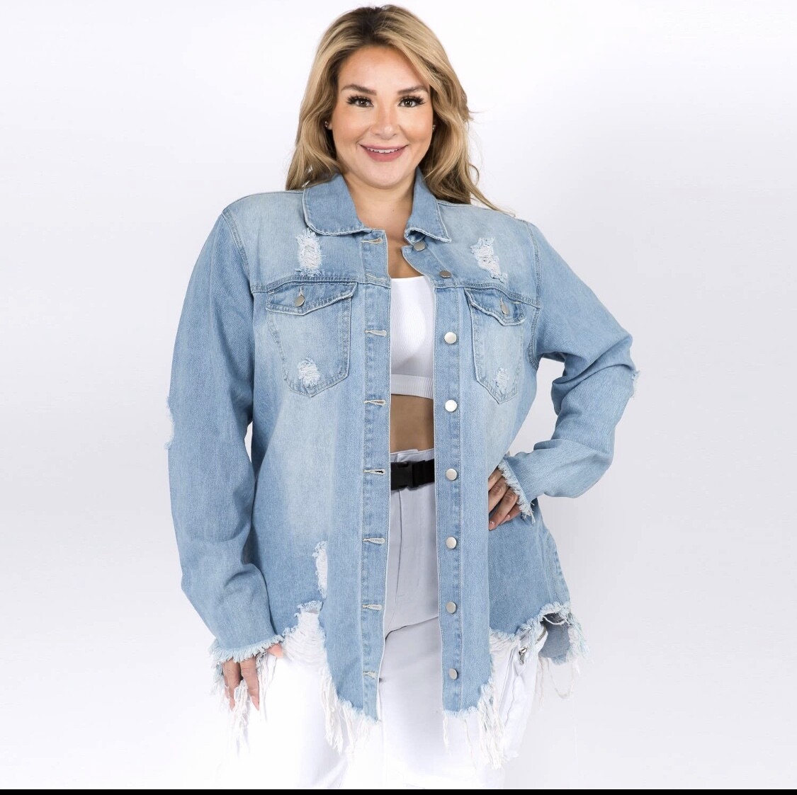 DISTRESSED DENIM SHIRT JACKET 1X