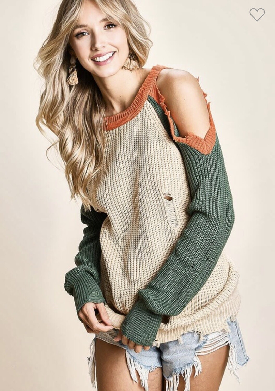 COLD SHOULDER RAW EDGE SWEATER