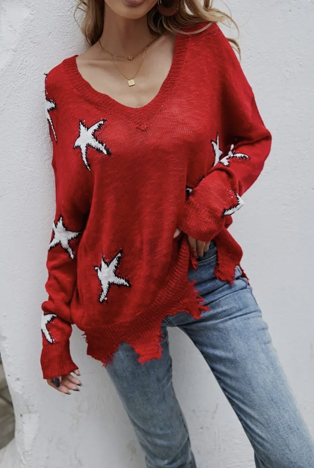 RED STAR KNIT DISTRESSED SWEATER