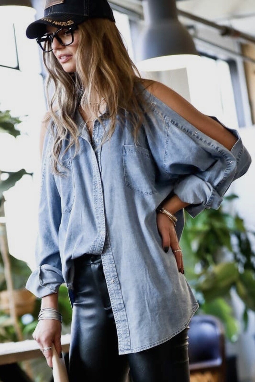 DENIM BUTTON UP SLIT SLEEVE