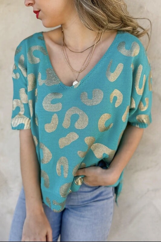 TEAL CHEETAH METALLIC SWEATER