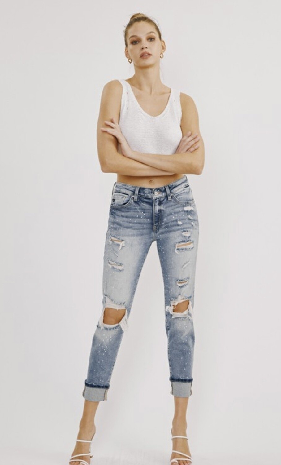 KANCAN HI RISE BF DISTRESSED PAINT SPLATTER