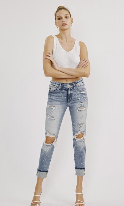 KANCAN HI RISE BF DISTRESSED PAINT SPLATTER