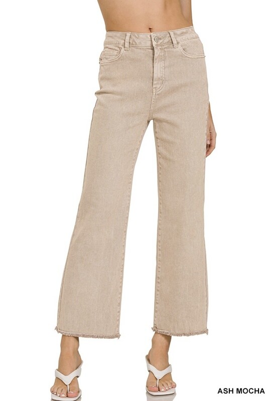 ACID WASH HIGH WAIST FRAYED HEM ASH MOCHA