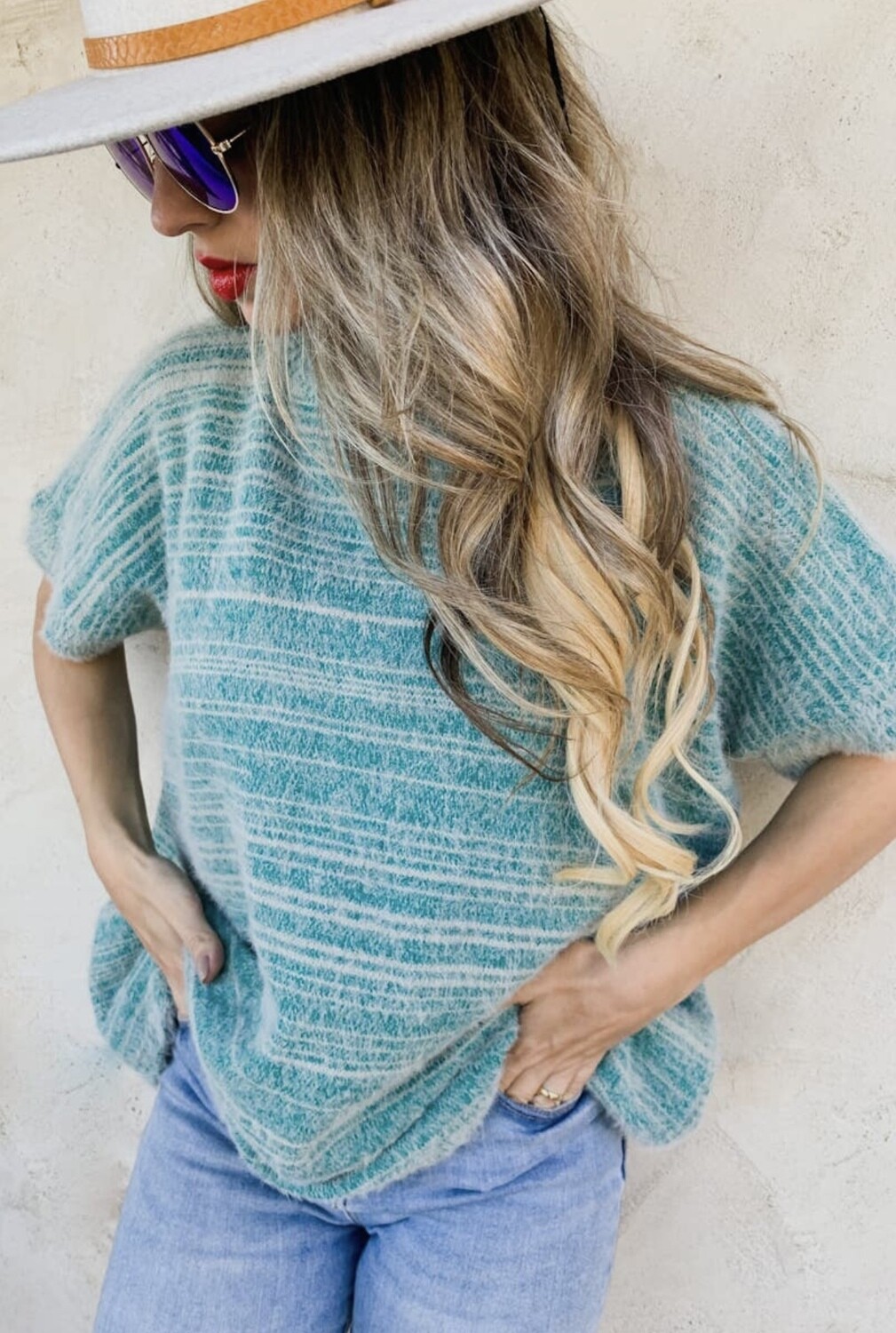 TEAL STRIPE FUZZY TOP