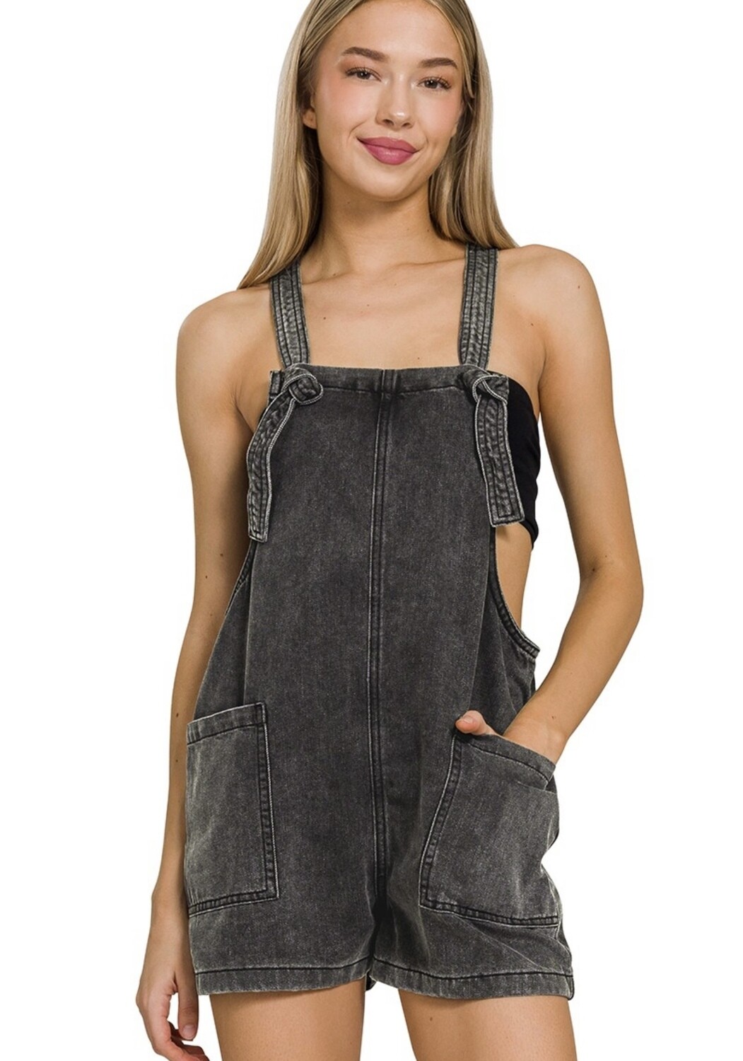 WASHED KNOT STRAP ROMPER, Size: SM
