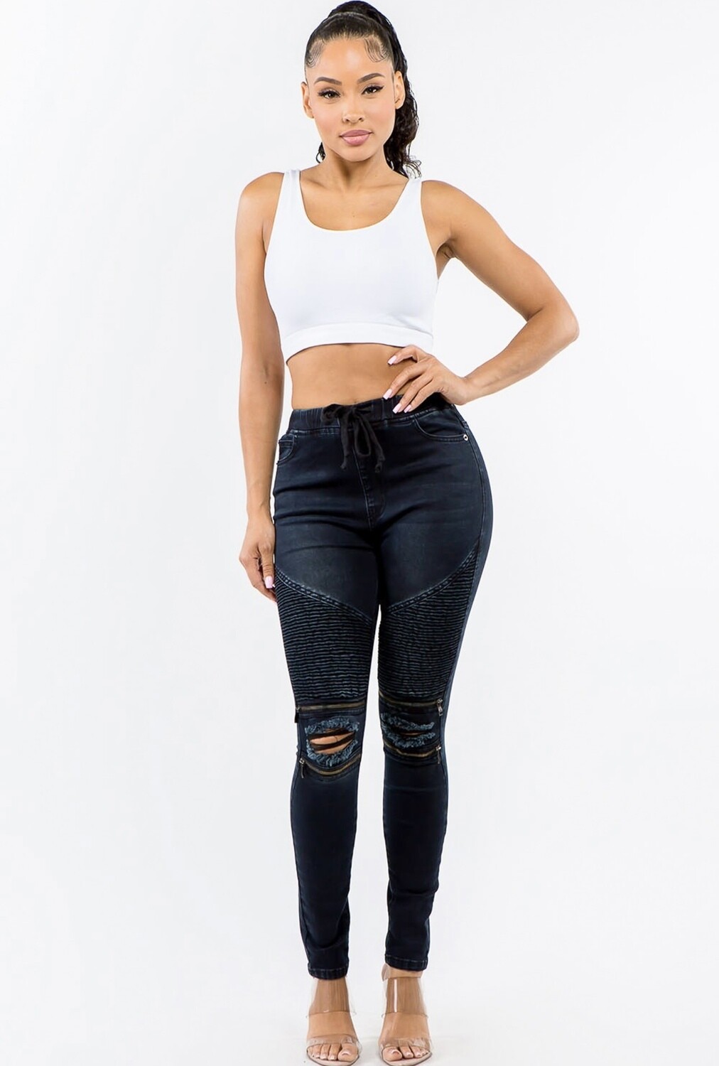 HIGH WAIST DISTRESSED MOTO JOGGERS BLACK