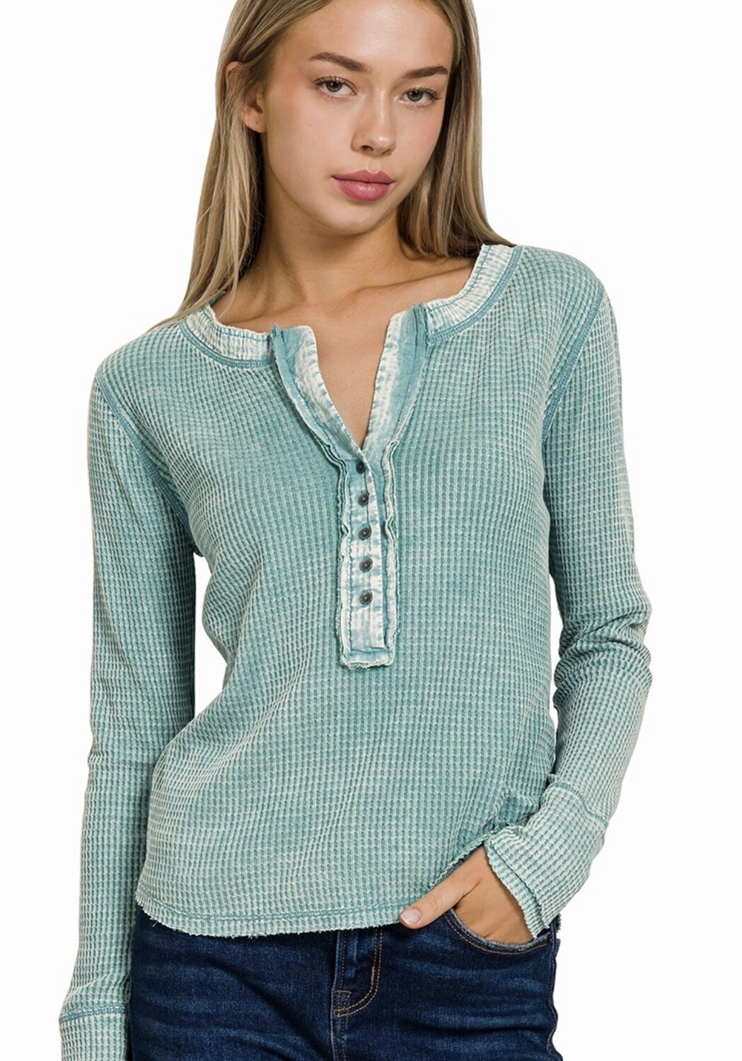 DUSTY TEAL WASHED HENLEY TOP