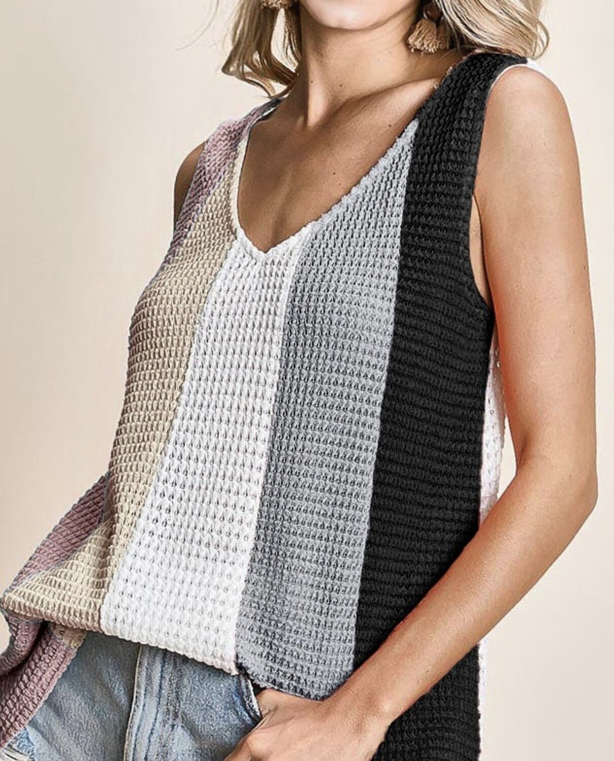 WAFFLE KNIT COLOR BLOCK TANK