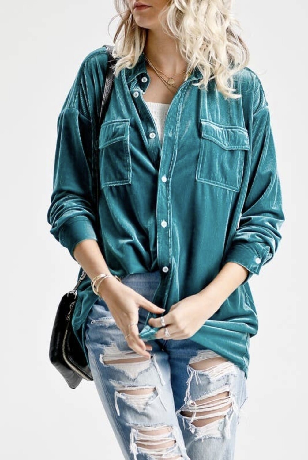 GREEN VELVET BUTTON SHIRT